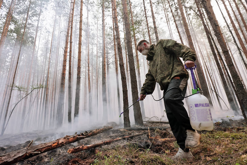 Волонтеры заливают отдельные очаги горения в лесу в Режевском городском округе Свердловской области