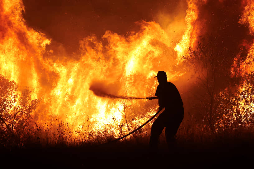 Волос, Греция. Пожарный тушит горящий лес