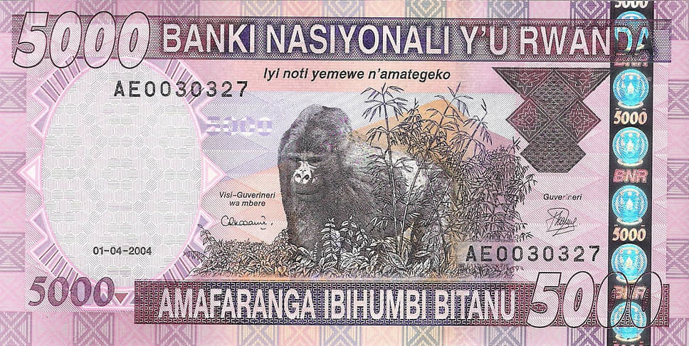 В Руанде на лицевой стороне купюры самого крупного номинала — 5 тыс. франков — изображена горилла. В стране обитают около 340 горных горилл, находящихся под угрозой исчезновения