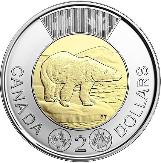 В Канаде на монете в 2 доллара изображен полярный медведь. По состоянию на 2023 год она обладает самой высокой денежной стоимостью среди всех находящихся в обращении канадских монет 
