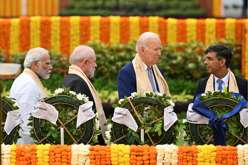 Слева направо: премьер-министр Индии Нарендра Моди, президент Бразилии Луис Инасиу Лула да Силва, президент США Джо Байден и премьер-министр Великобритании Риши Сунак