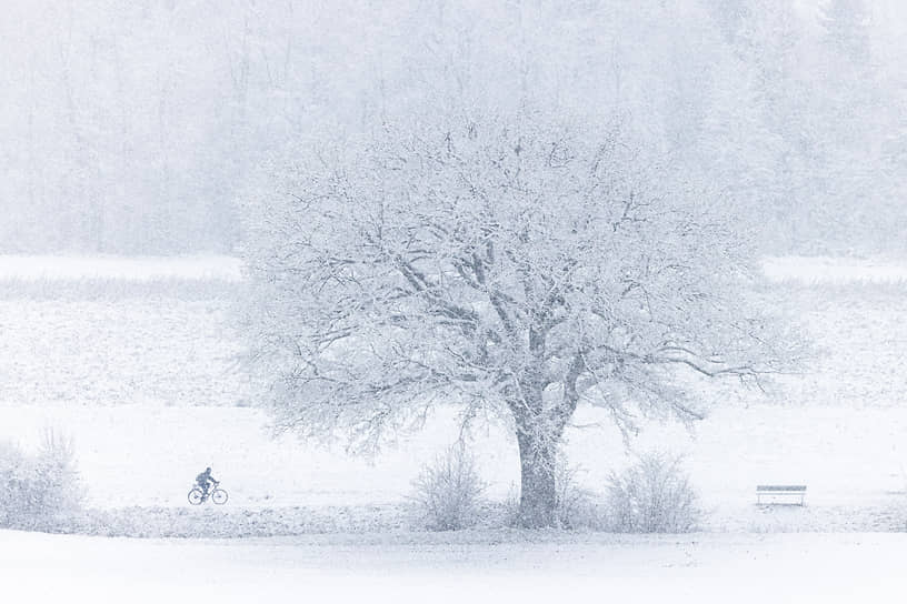 Цюрих, Швейцария. Велосипедист едет по первому снегу