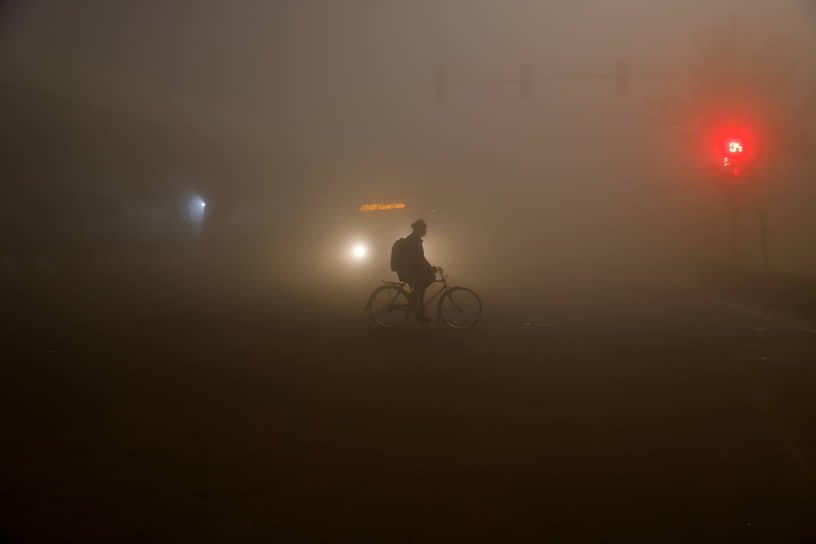 Нью-Дели, Индия. Велосипедист среди густого тумана 