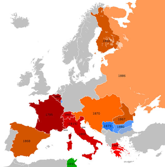 Страны Европы, входившие в Латинский валютный союз в период с 1866 по 1914 год.  Красный цвет: государства-члены валютного союза. Оранжевый: страны, участвующие по двустороннему соглашению. Синий: страны, участвующие по по одностороннему соглашению. Зеленый: колонии, временные участники  