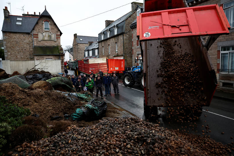 Протестующие с помощью картофеля и мусора блокируют субпрефектуру в Генгаме (Франция) 