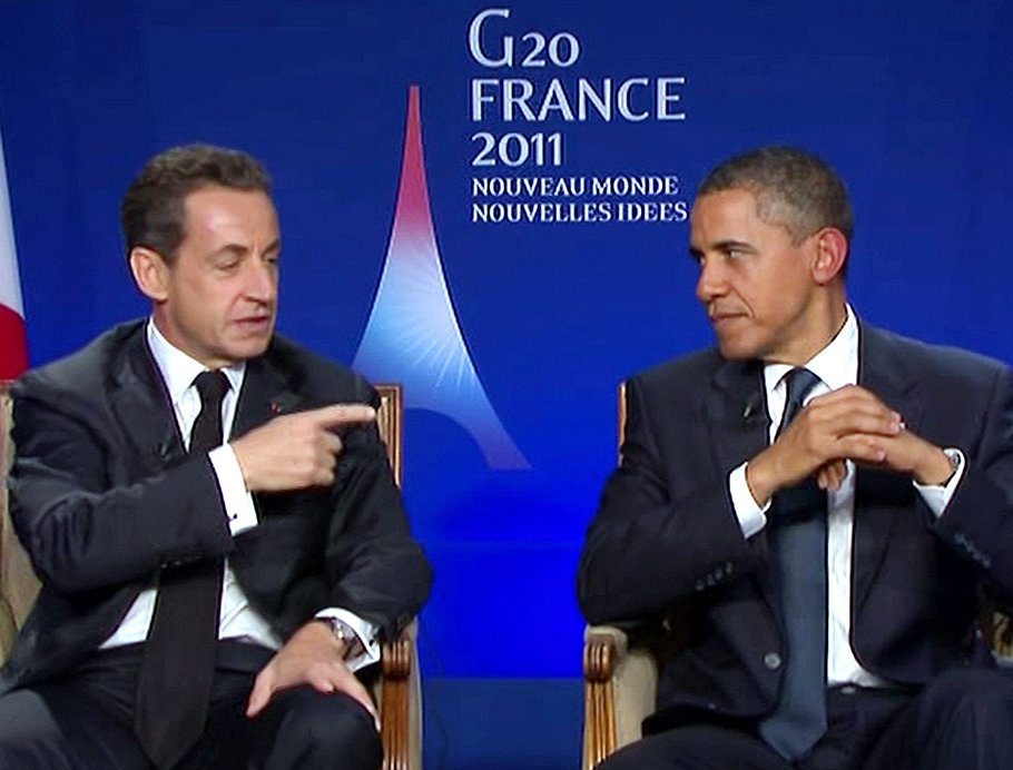 Во время саммита G20 в Канне президент Франции Никола Саркози (слева) наговорил своему американскому коллеге Бараку Обаме (справа) лишнего 