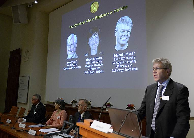 Нобелевскую премию по медицине разделят американский микробиолог Джон О’Киф (на экране слева) и его  норвежские коллеги — супруги Май-Бритт и Эдвард Мозер