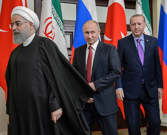 Слева направо: президент Ирана Хасан Роухани, президент России Владимир Путин и президент Турции Реджеп Тайип Эрдоган