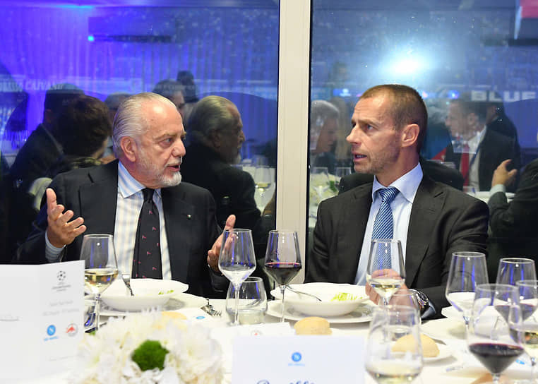 Президент UEFA Александр Чеферин (справа) будет явно не в восторге от проекта владельца «Наполи» Аурелио де Лаурентиса по реформированию европейского клубного футбола