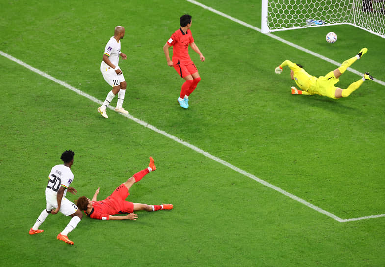 Игрок сборной Ганы Мохаммед Кудус (№20) забивает третий мяч в ворота Южной Кореи