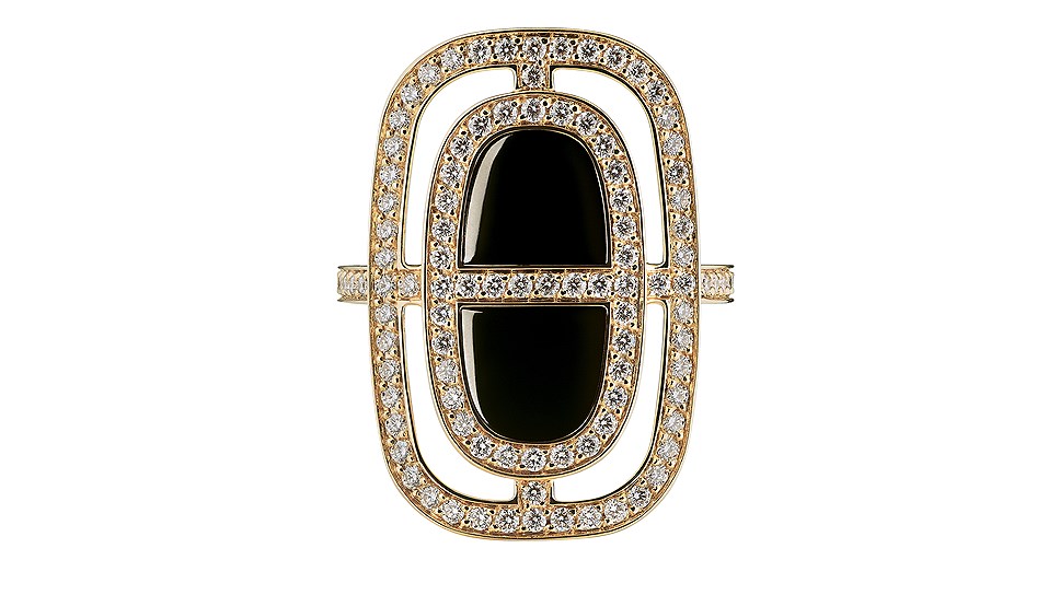 Кольцо Chaine d’Ancre Lumiere из желтого золота с черным жадеитом и бриллиантами, Hermes
