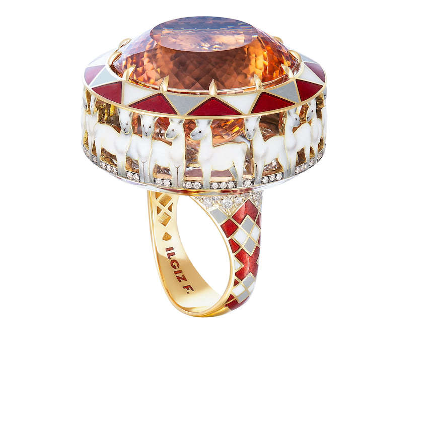 Ilgiz F., кольцо «Ламы», коллекция Перу, золото, эмаль, бриллианты, морганит, 2020 год