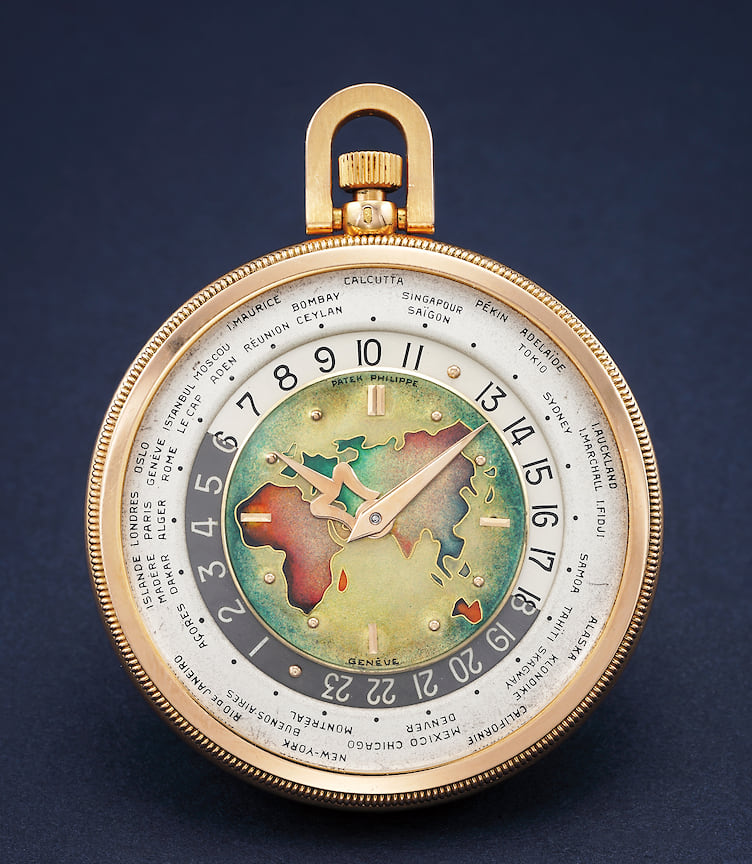 Patek Philippe Worldtime Ref.605HU, 1950 год — CHF 1 160 000. Ранее неизвестные и, вероятно, единственные существующие золотые карманные часы, оснащенные эмалевым циферблатом, выполненным в технике cloisonn, с картой Европы, Азии и Африки.