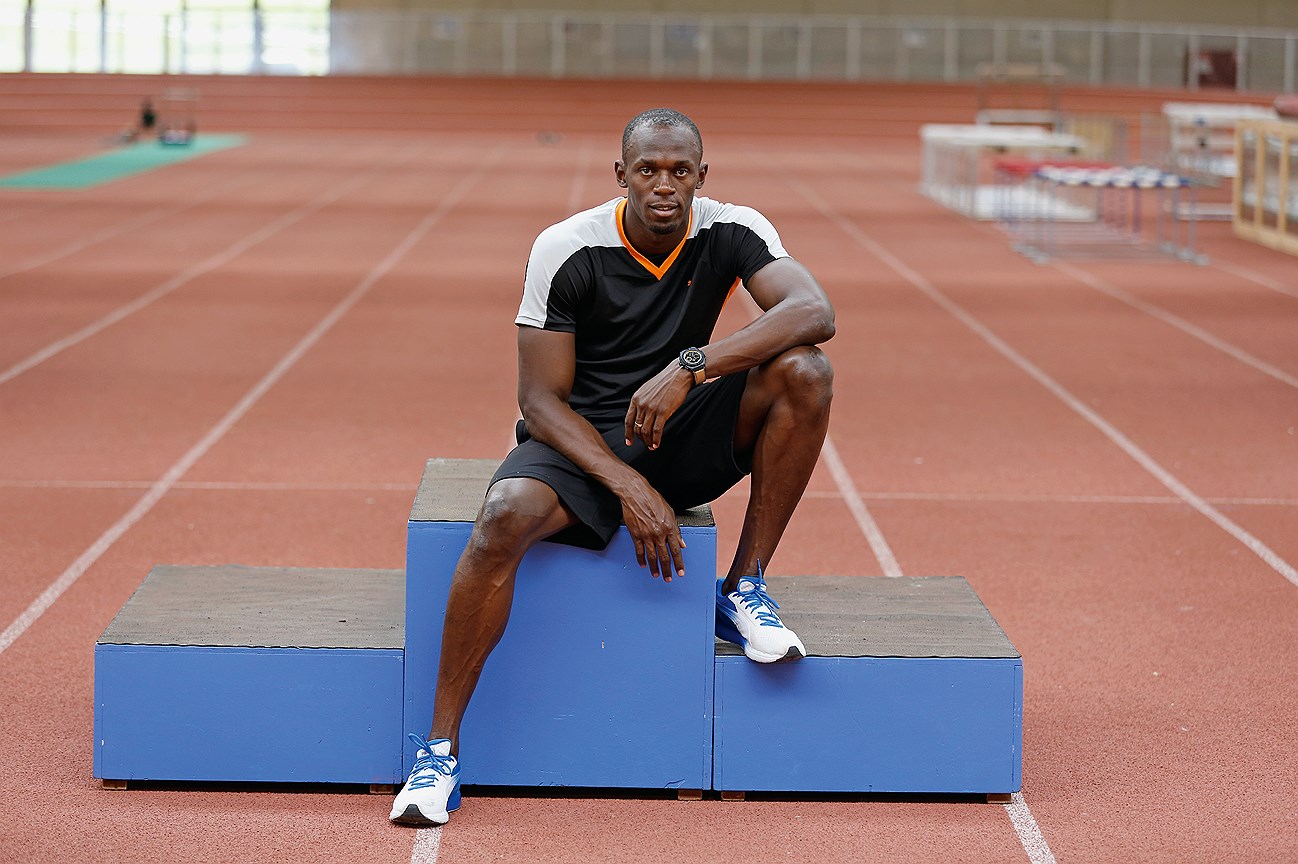 Усейн Болт во время тренировки в часах Hublot King Power Usain Bolt, 2013 год