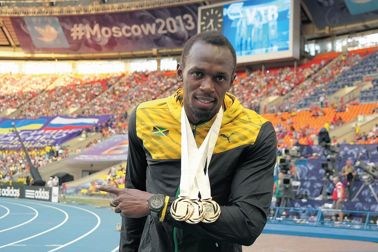 После финала чемпионата мира по легкой атлетике в Москве в часах Hublot King Power Usain Bolt, 2013 год