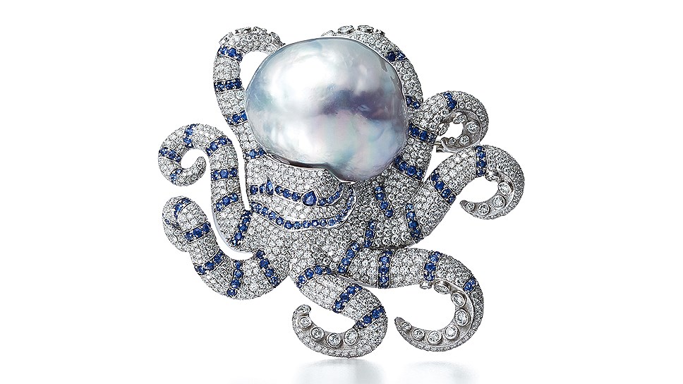 Брошь Blue Book Octopus Baroque, платина, барочная жемчужина, сапфиры, бриллианты, 2016 год, Tiffany &amp; Co 