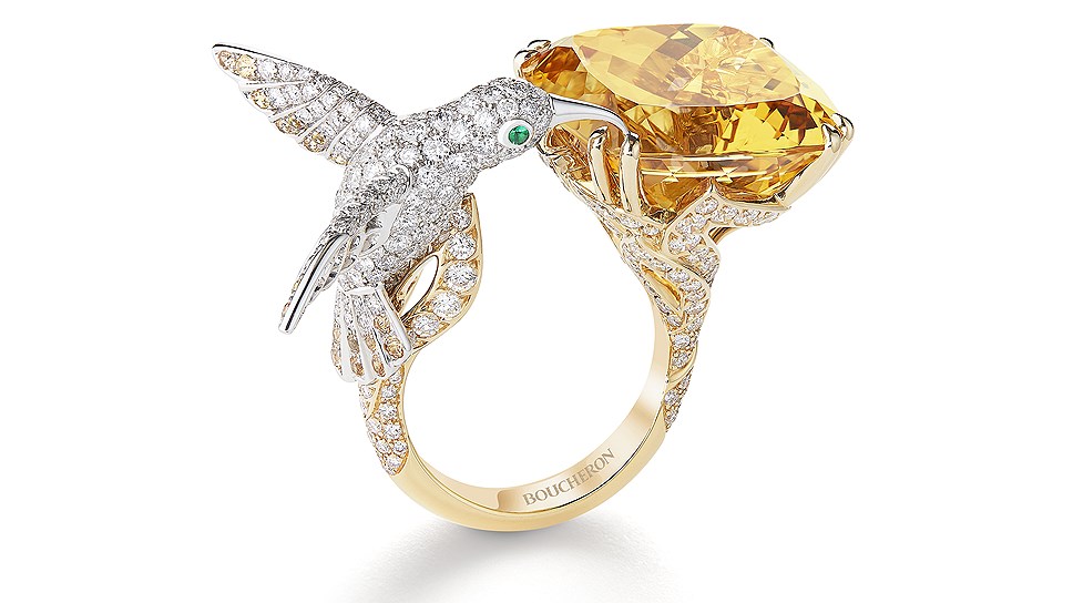 Кольцо Hopi the hummingbird, белое и желтое золото, изумруды, желтый берил, желтые сапфиры, бриллианты, Boucheron
