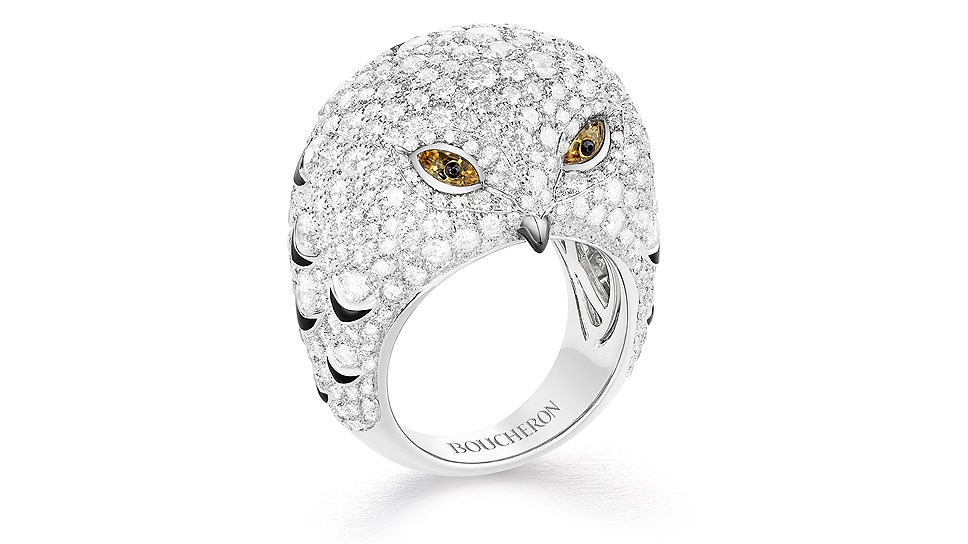 Кольцо Oulu, белое золото, желтые и черные сапфиры, лак, бриллианты, Boucheron
