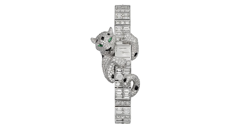Cartier, часы Baguette Panthere, белое золото, бриллианты, изумруды, оникс, механизм 101 с ручным подзаводом