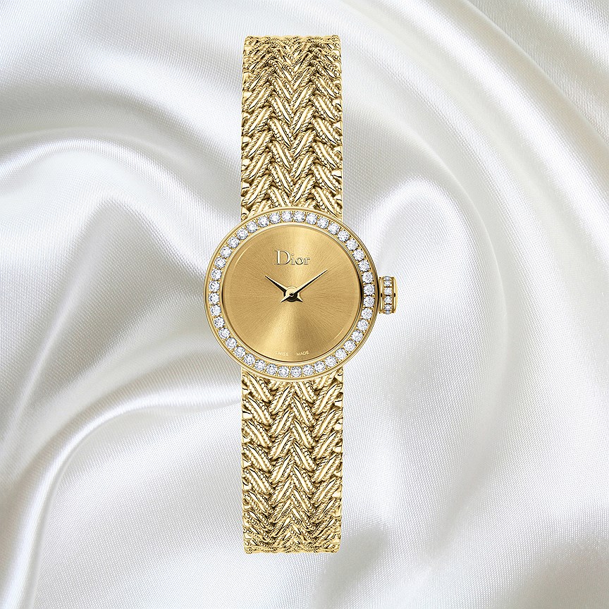 Dior Horlogerie, часы La Mini D de Dior Satine Tress&amp;#233;e, желтое золото, бриллианты