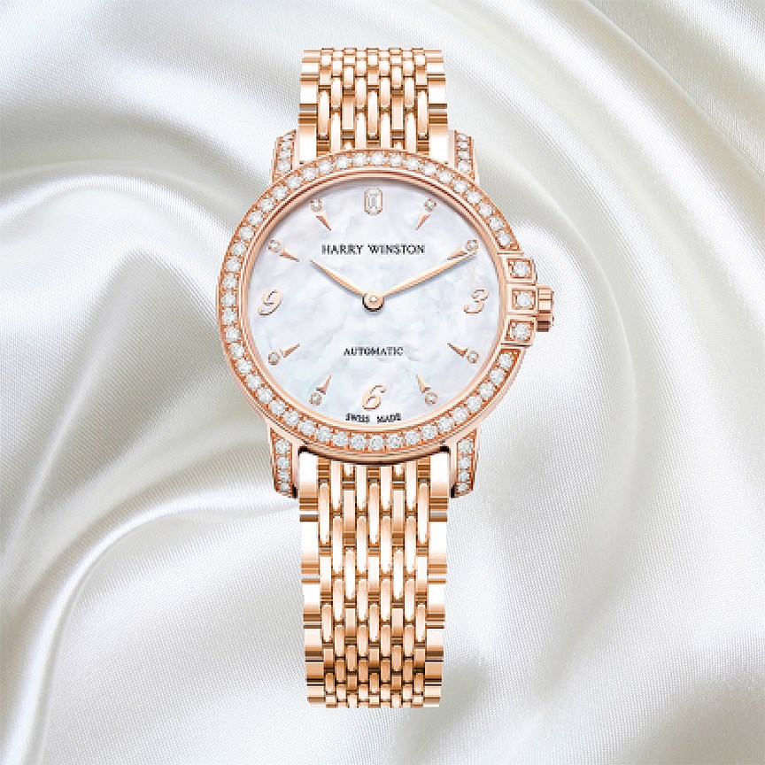 Harry Winston, часы Midnight Automatic 29, розовое золото, бриллианты
