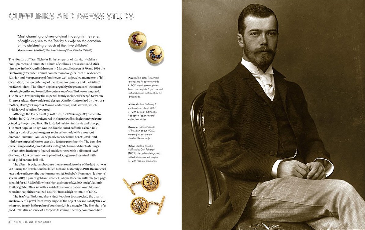 Разворот книги «Jewelry for Gentlemen» Джеймса Шервуда: царь Николай II с булавкой для галстука, около 1900 года