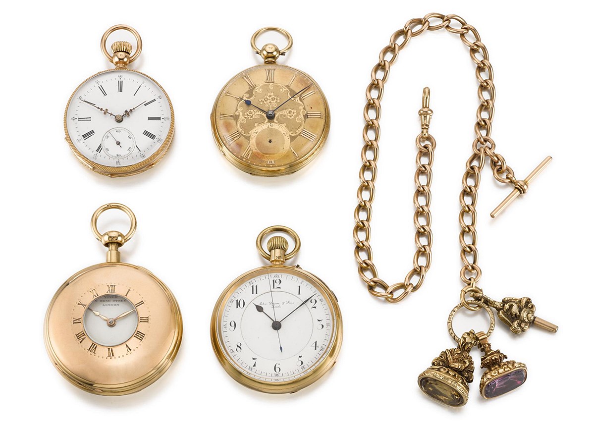 Четверо золотых часов и золотая цепочка, конец XVIII -- начало XIX века 
