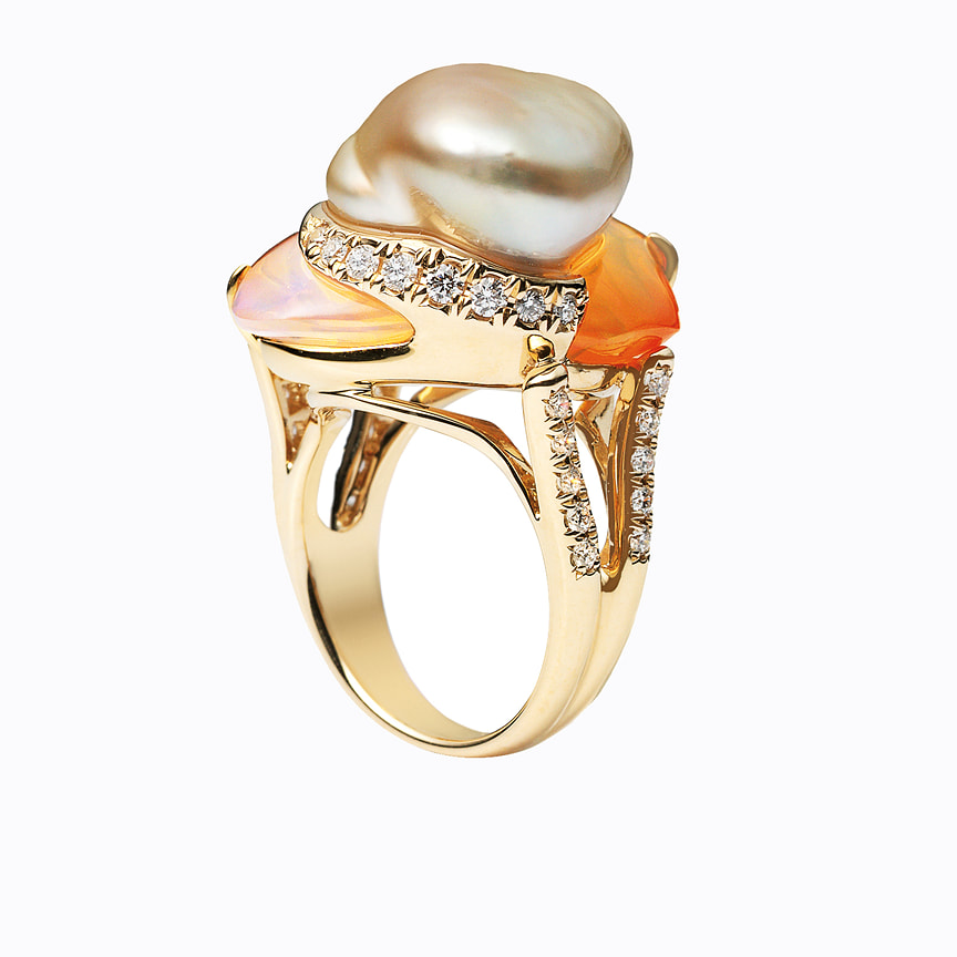 Mikimoto, кольцо, розовое золото, опалы, жемчуг, бриллианты
