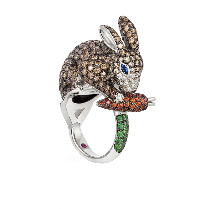 Roberto Coin, кольцо Rabbit Animalier, белое золото, сапфиры, бриллианты
