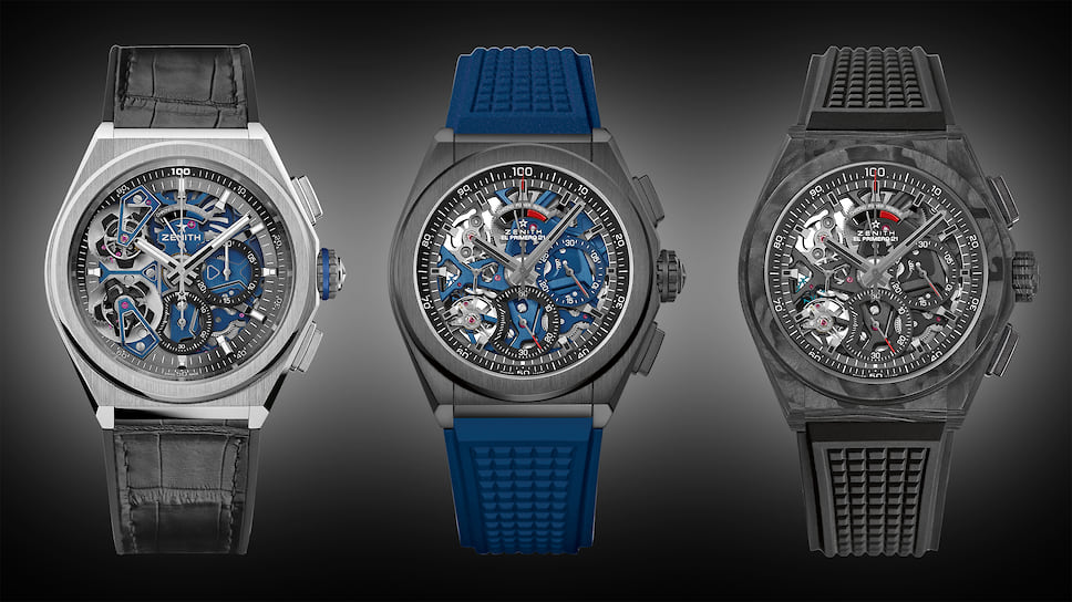Zenith, часы El Primero Double Tourbillon, 46 мм, платина; часы El Primero Carbon, 44 мм, карбон; часы El Primero, 44 мм, черная керамика 
