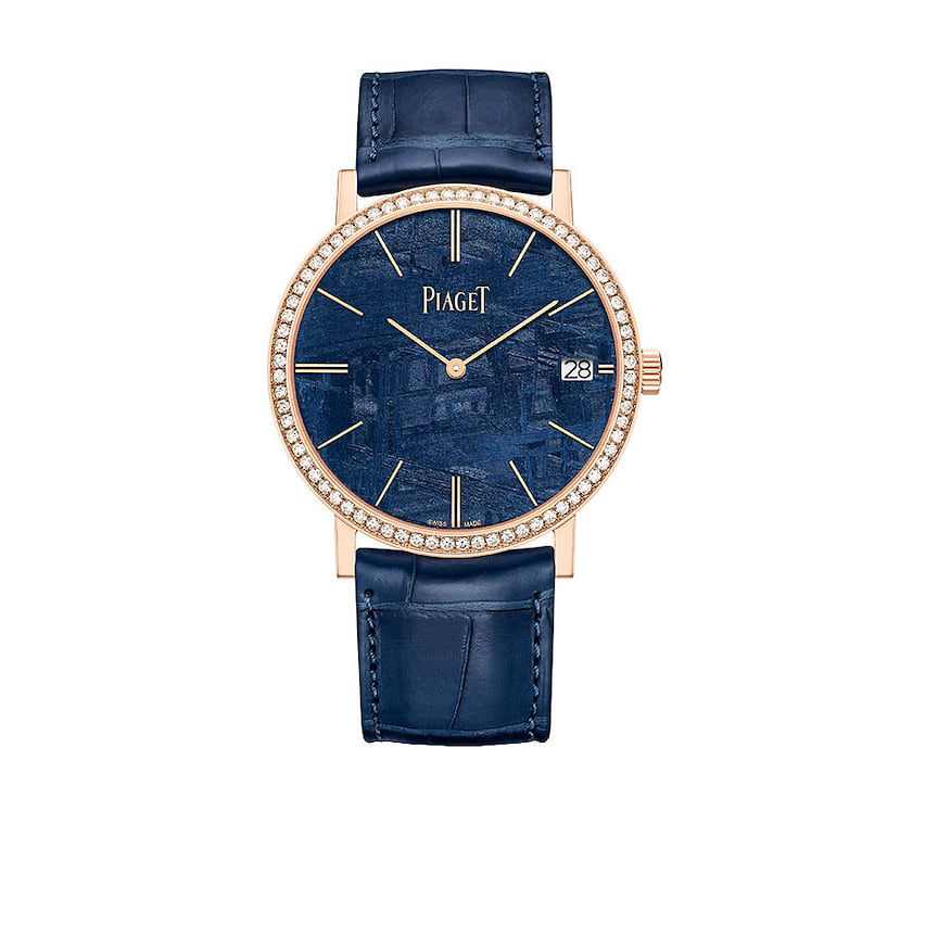 Piaget, часы Altiplano, 40 мм, розовое золото, метеорит синего цвета, бриллианты, ультратонкий механизм с автоматическим подзаводом
