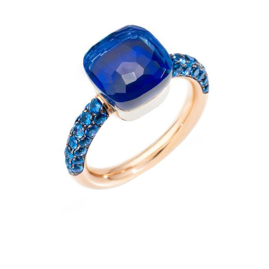Pomellato, кольцо Nudo Deep Blue, розовое и белое золото, синие топазы, лазурит
