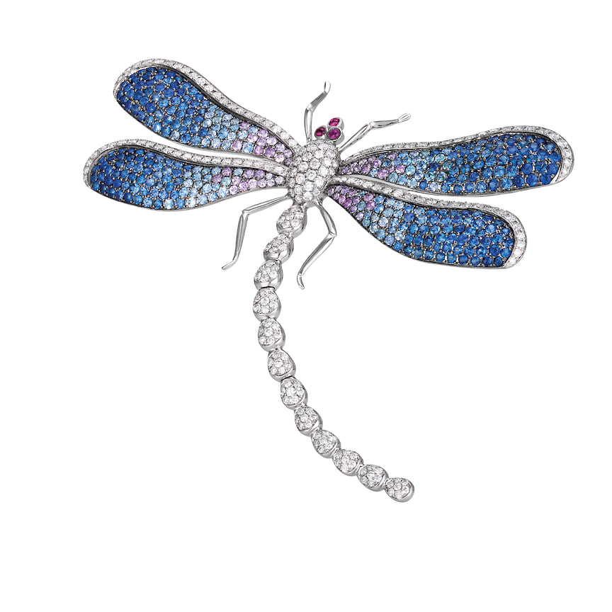 Roberto Coin, брошь Animalier Dragonfly, белое золото, разноцветные сапфиры, бриллианты
