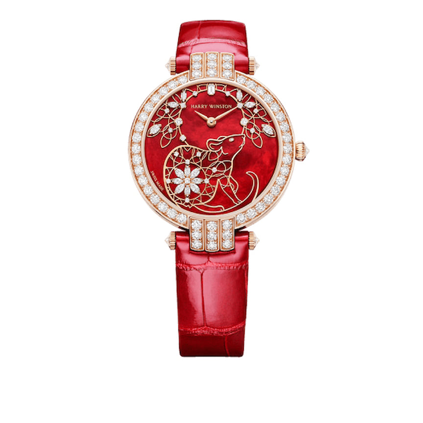 Harry Winston, часы Premier Chinese New Year, 36 мм, розовое золото, перламутр, бриллианты, механизм с автоматическим подзаводом
