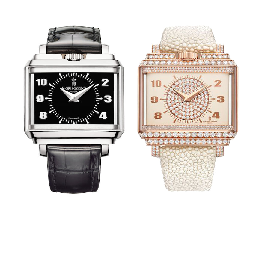 de Grisogono, часы New Retro, 50,6 х 44,1 мм и 42,3 х 39,6, белое и розовое золото, бриллианты, механизмы с автоматическим подзаводом