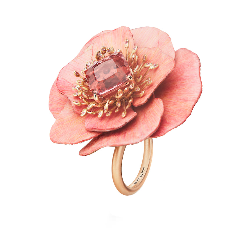 Boucheron, кольцо Pivoine Coral Charm, розовое золото, натуральные лепестки, императорский топаз, бриллианты