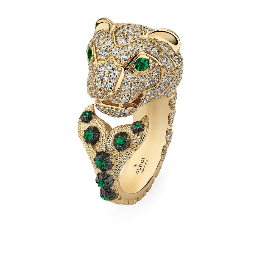 Gucci, кольцо Hortus Deliciarum, желтое золото, изумруды, бриллианты