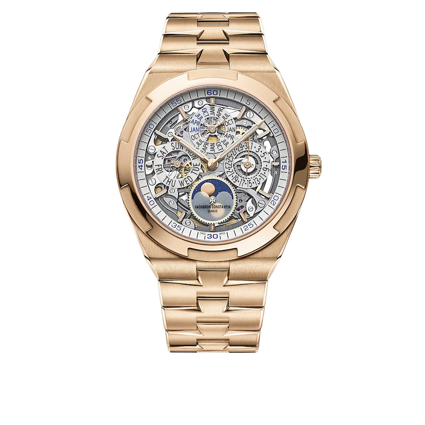 Vacheron Constantin, часы Overseas Perpetual Calendar Ultra-Thin Skeleton, 41 мм, розовое золото, механизм с автоматическим подзаводом, запас хода 40 часов
