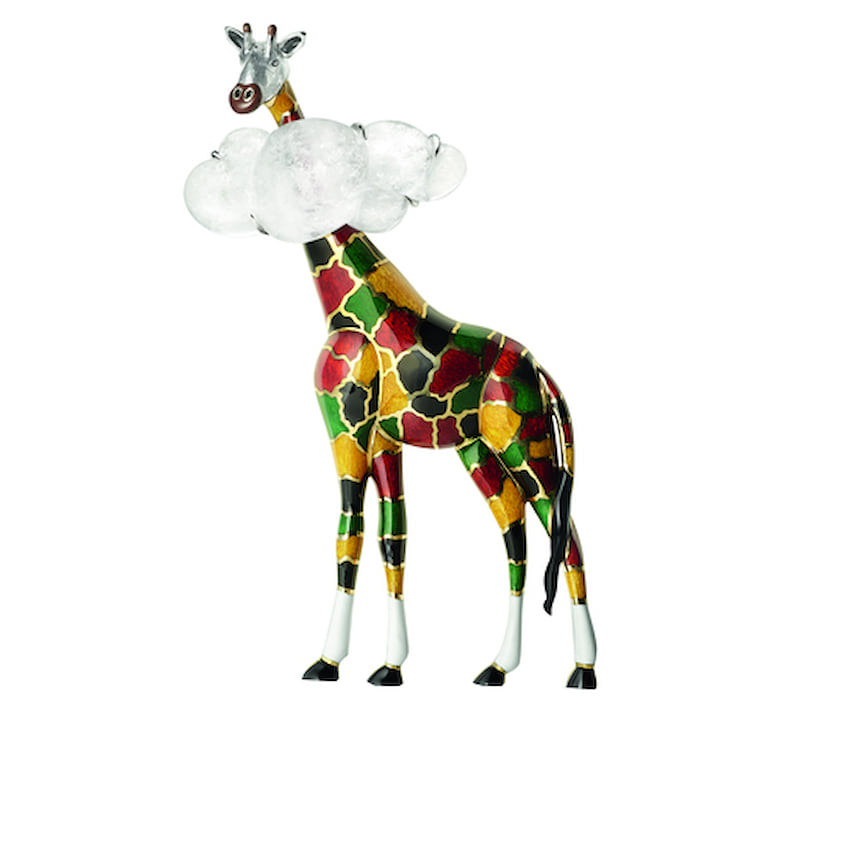 Chaumet, брошь Giraffe, белое и желтое золото, эмаль, горный хрусталь, оникс, бриллианты