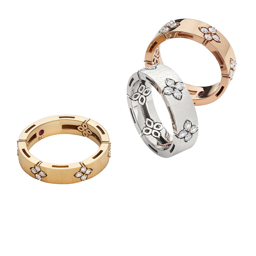Roberto Coin, кольца Princess Flower, розовое, желтое и белое золото, бриллианты