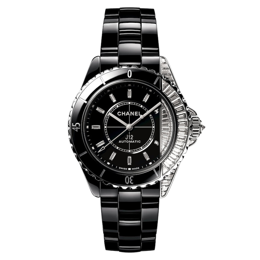 Chanel Watches, часы J12, 38 мм, белое золото, бриллианты багетной огранки, сапфиры, мануфактурный механизм 12.1 с автоматическим подзаводом, запас хода 70 часов, единственный экземпляр
