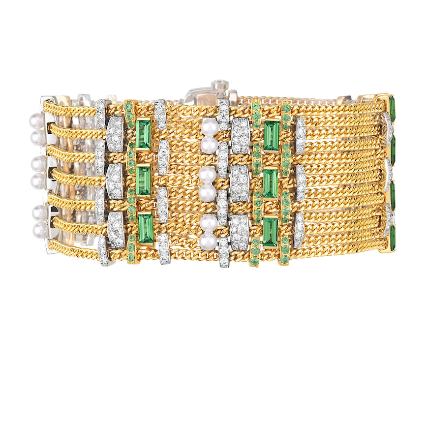 Chanel Fine Jewelry, браслет Tweed Chaine, желтое золото, бриллианты, цавориты
