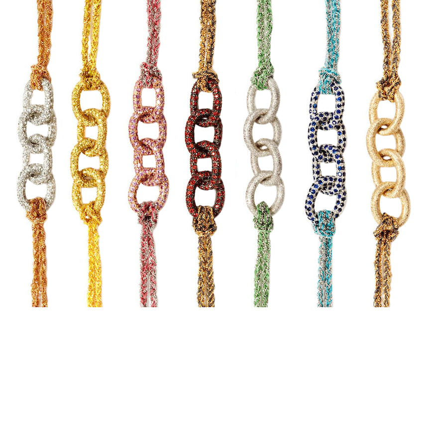 Carolina Bucci, браслеты, золото, разноцветные драгоценные камни, шелк