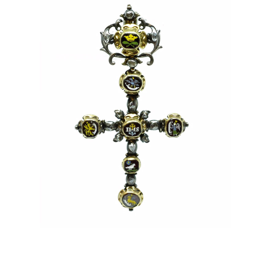 Галерея Sandra Cronan Ltd., подвеска XVII века, золото, серебро, бриллианты, гранаты, эмаль