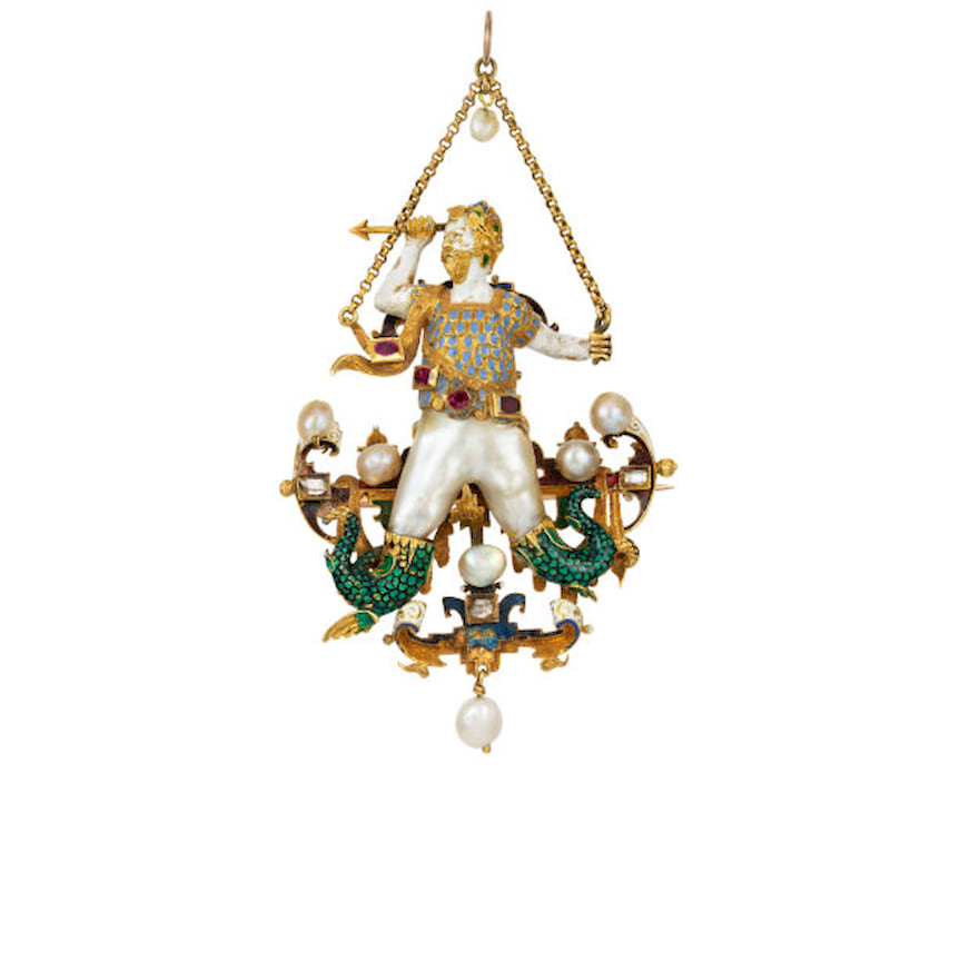Галерея Bentley & Skinner, брошь в стиле ренессанс, золото, эмаль, жемчуг, рубины, бриллианты, конец XVI века