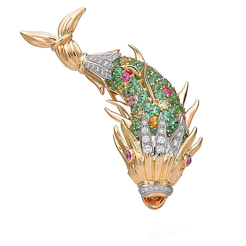 Tiffany &amp; Co. Schlumberger, брошь Fish, розовое и белое золото, изумруды, сапфиры, бриллианты