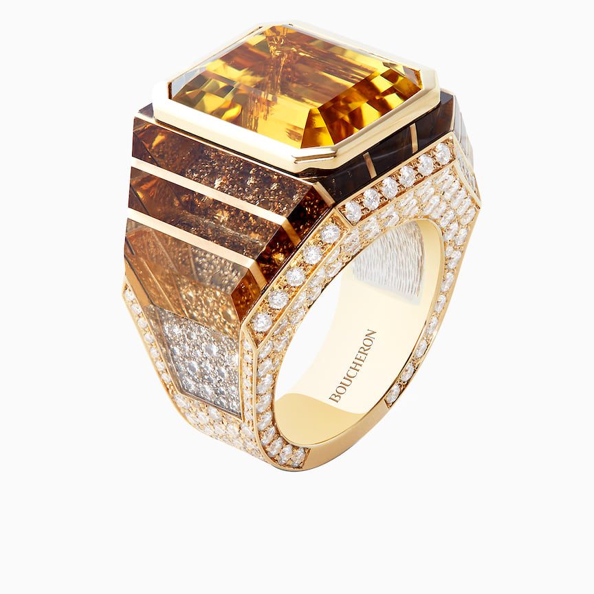 Boucheron, кольцо Taille Emeraude, желтое золото, гелиодор, горный хрусталь, бриллианты