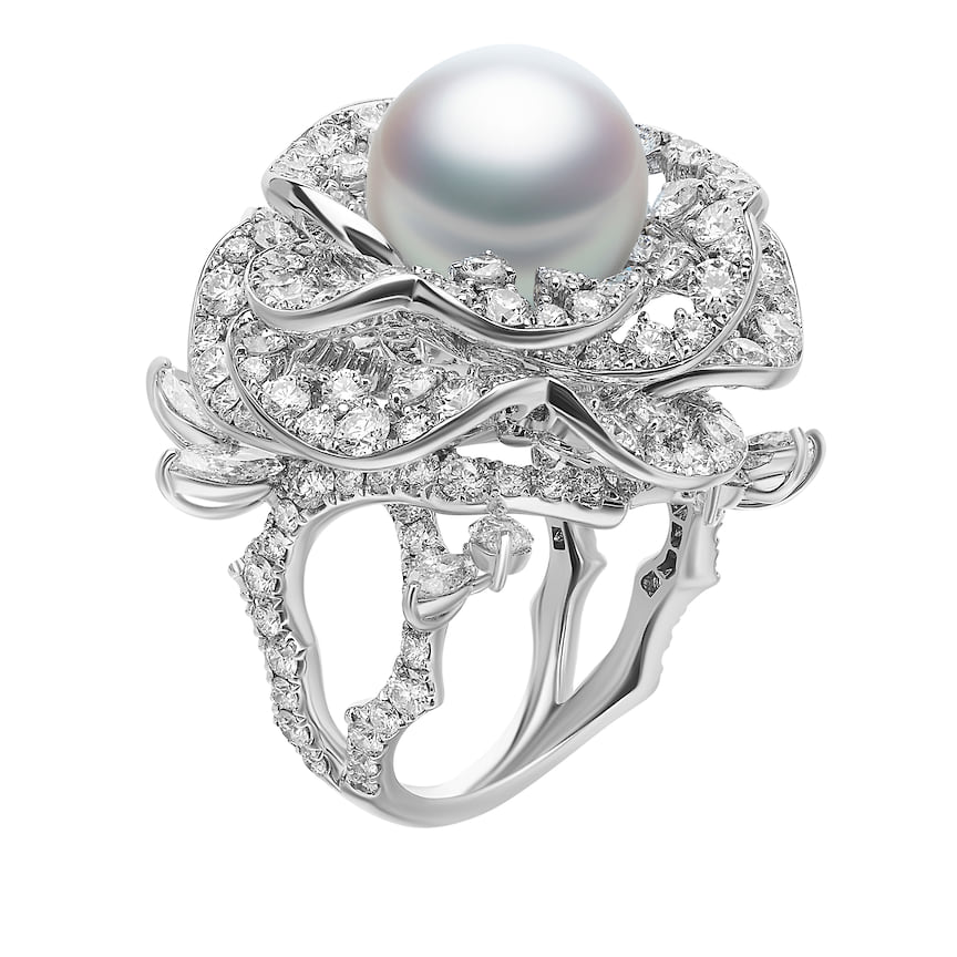 Mikimoto, кольцо Classic, белое золото, жемчуг, бриллианты