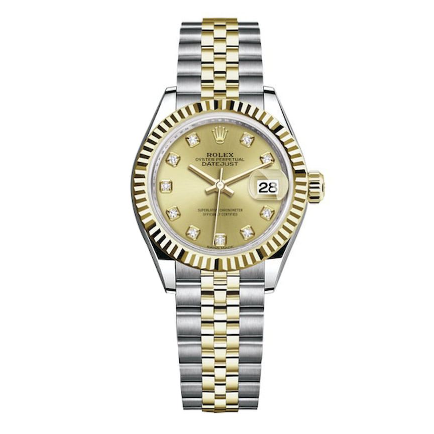 Rolex, часы Oyster Perpetual Lady-Datejust, 28 мм, саль, желтое золото, бриллианты, механизм с автоматическим подзаводом, водонепроницаемость 100 м