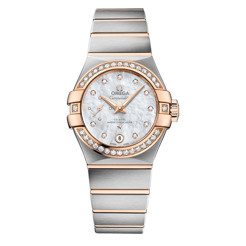 Omega, часы Constellation, 27 мм, сталь, розовое золото, перламутр, бриллианты, механизм с автоматическим подзаводом, водонепроницаемость 100 м